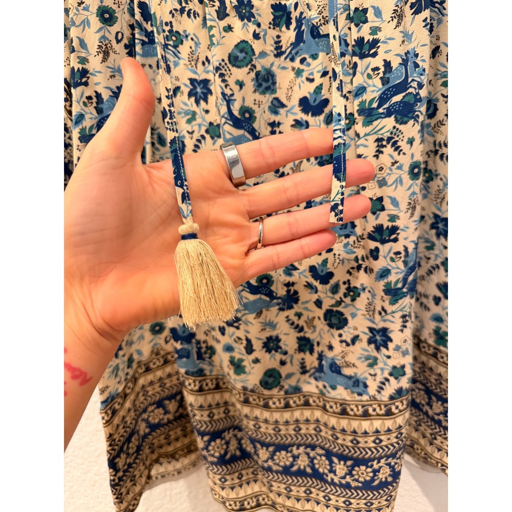 Sea New York Doe Print Blue Floral Silk Puff Sleeve Tassel Blouse Top Size 4 - Picture 11 of 11